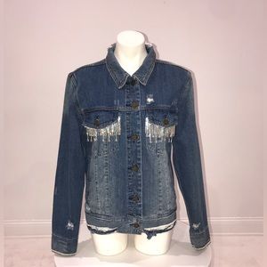 BNWT Custom JBD Blue Distressed Denim Jacket Button Down Crystal Trim Ladies M